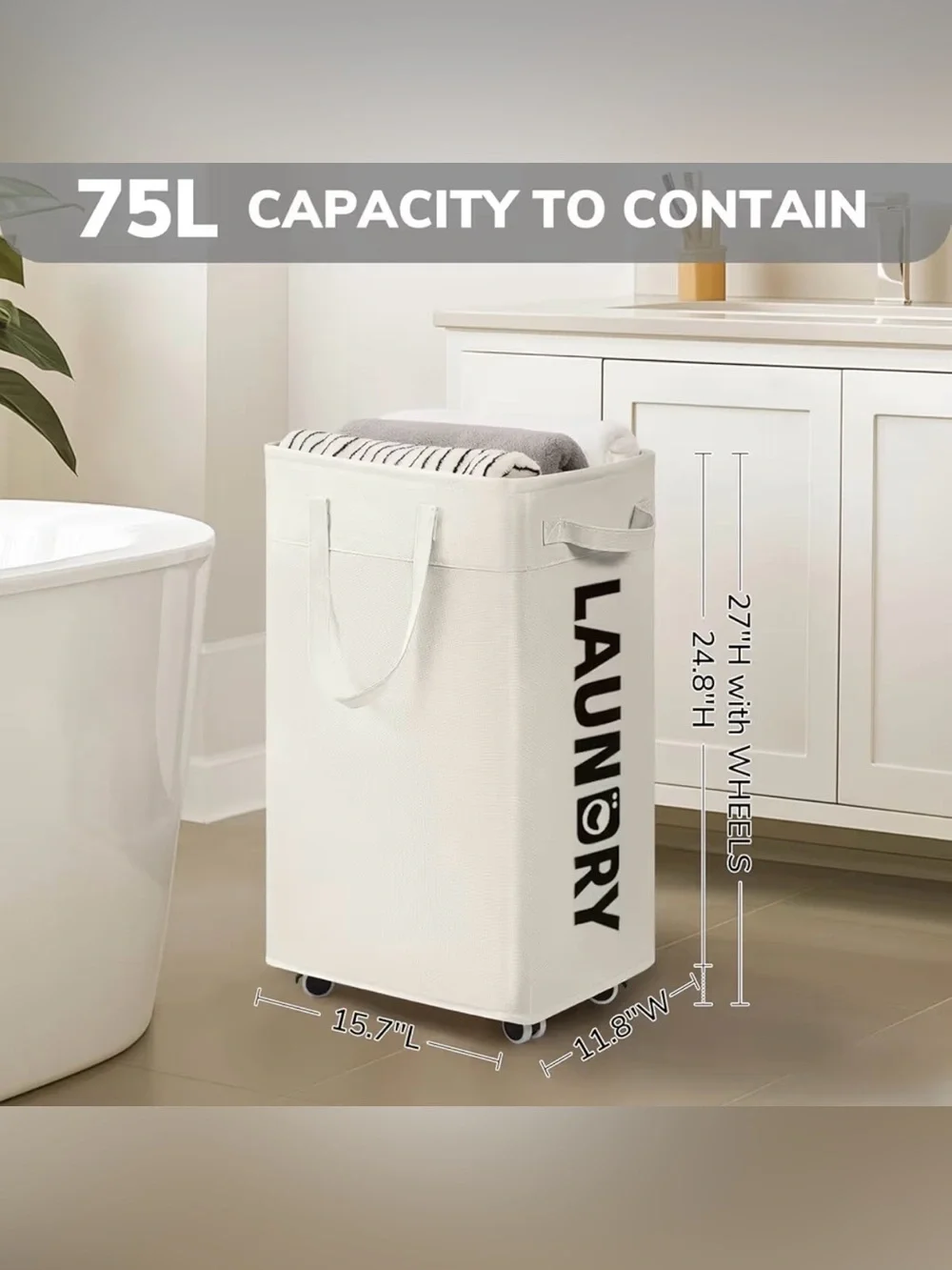 Canvas Rolling Laundry Hamper in Cream with LAUNDRY Print